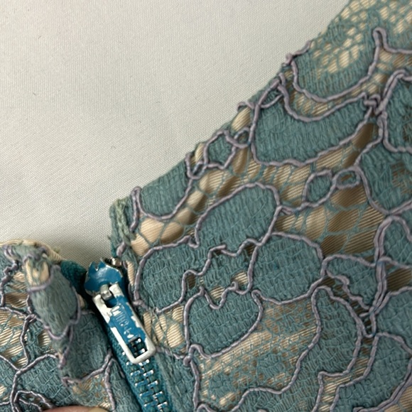 Vintage Handmade Galloon Lace Overlay Midi Dress in Slate Blue with Cream Lining - Picture 4 of 12